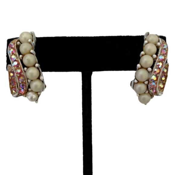 LEDO AB Pink Crystal Earrings Beaded White Washed Metal Vintage Clip On Sparkly. - Picture 4 of 16